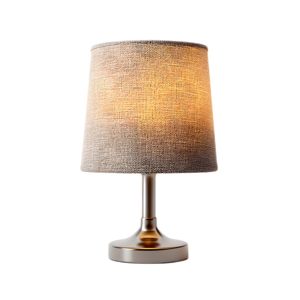 A simple and elegant table lamp with a neutral colored fabric shade providing a warm and cozy illumination for any bedroom or living space png