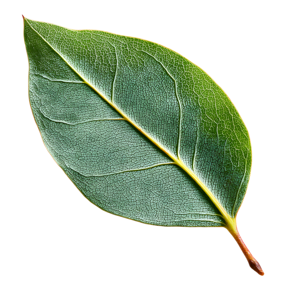 Detailed closeup of a lush verdant eucalyptus leaf with intricate vein patterns and a healthy natural appearance png