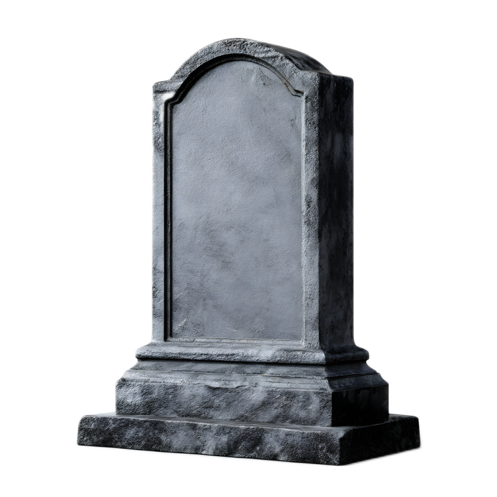 A weathered gray tombstone with an ornate carved design stands as a solemn memorial in a peaceful cemetery setting png