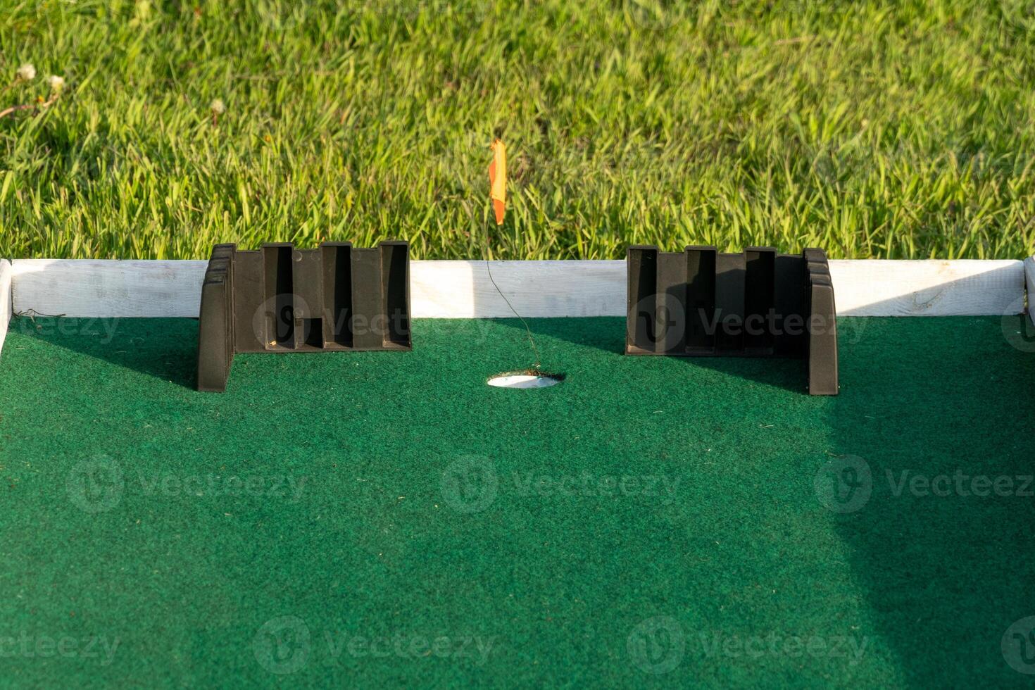 Miniature Golf Course Hole with Green Turf and Barriers Outdoors photo
