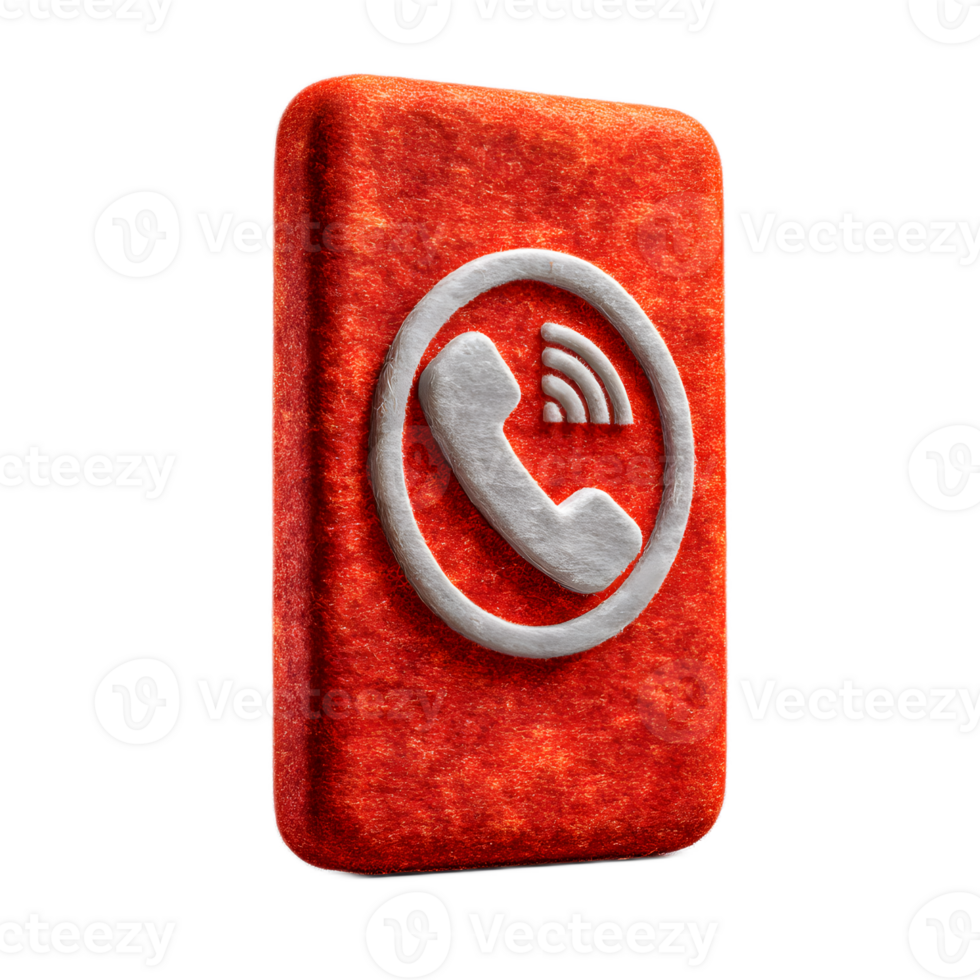 Closeup of a red felt icon representing a phone or communication device with a wireless signal symbol in the center png