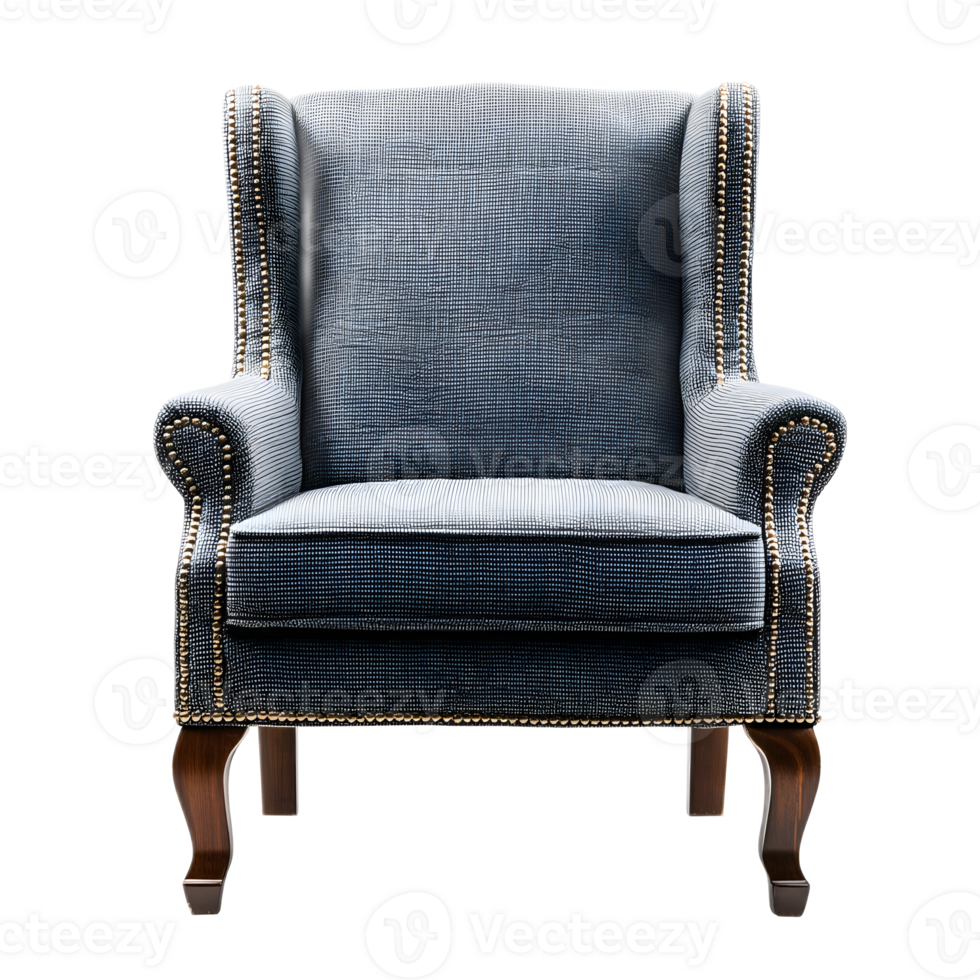 Sophisticated and cozy gray accent chair with tufted upholstery nailhead trim and a classic wood frame design perfect for adding style and comfort to any living room or lounge area png