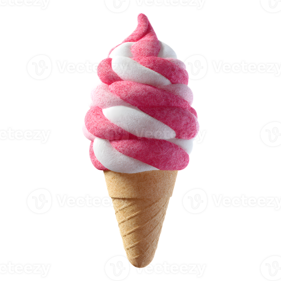 A delightful soft serve ice cream in a vibrant pink and white swirling pattern served in a classic waffle cone png
