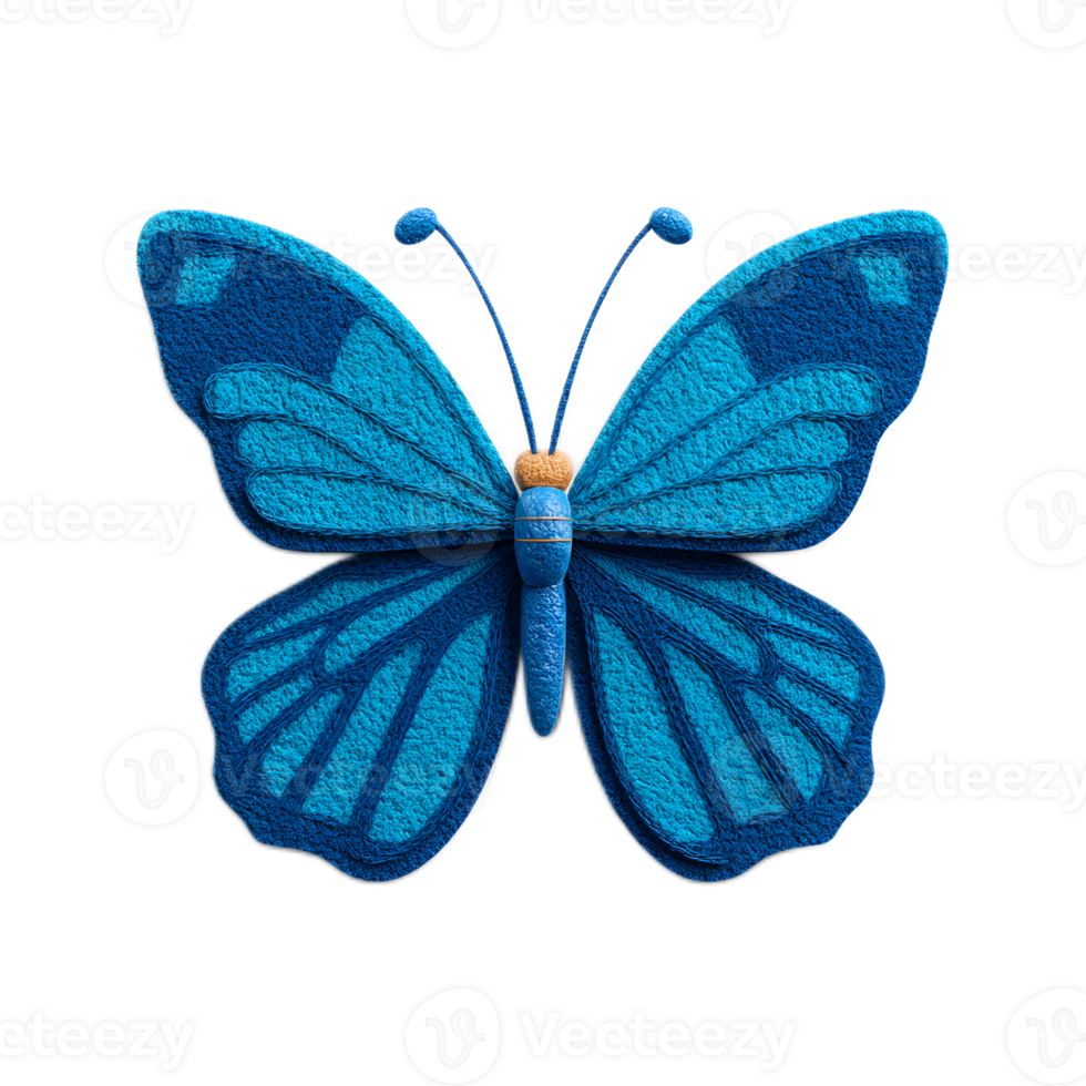 A beautifully crafted 3D butterfly sculpture made of soft textured felt material in a vivid shade of blue png