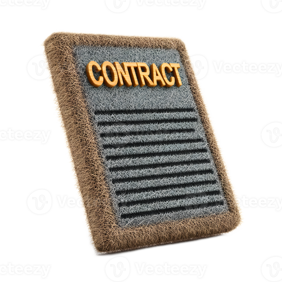 Close up view of a detailed contract document presented on a textured felt like surface with prominent CONTRACT text in orange png