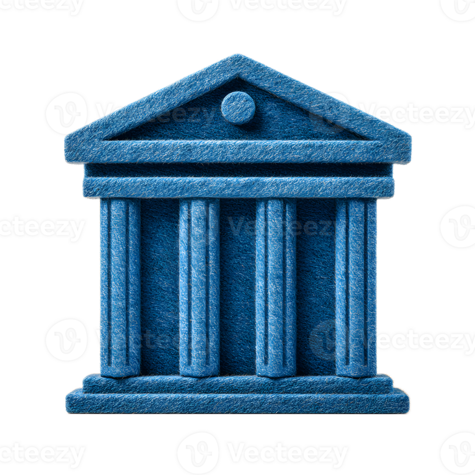 A detailed 3D rendering of a classic bank building icon created using a soft textured felt material in a deep blue color png