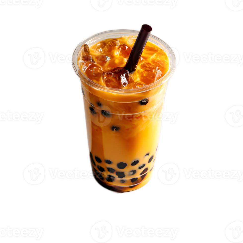 Vibrant glass of chilled boba tea filled with sweet tapioca pearls garnished with a straw and ready to be savored png