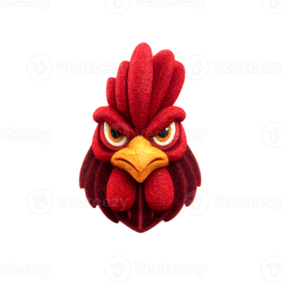 A highly stylized and expressive digital rendering of a rooster icon crafted from vibrant red felt material with a bold aggressive expression and striking details png