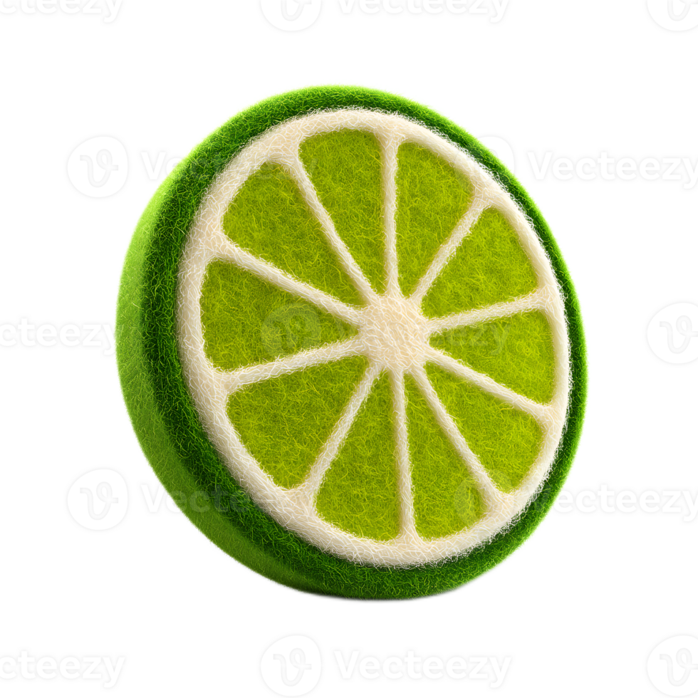 Visually striking 3D render of a stylized lime slice made from soft textured felt material against a clean isolated background png