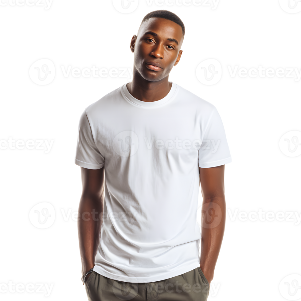 Portrait of a focused confident young adult man wearing a casual white t shirt looking thoughtfully at the against a clean minimalist studio background png