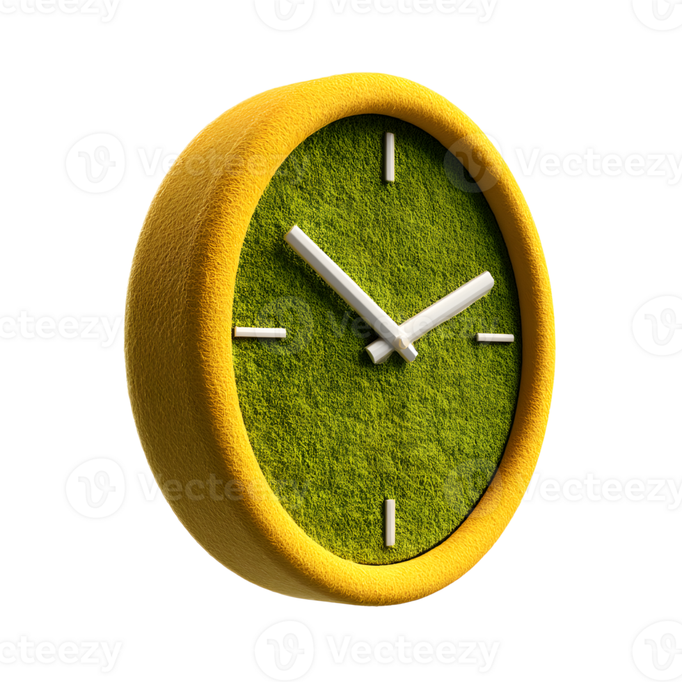 A contemporary wall clock made of felt material in a vibrant green and yellow color scheme featuring a minimalist and geometric design png