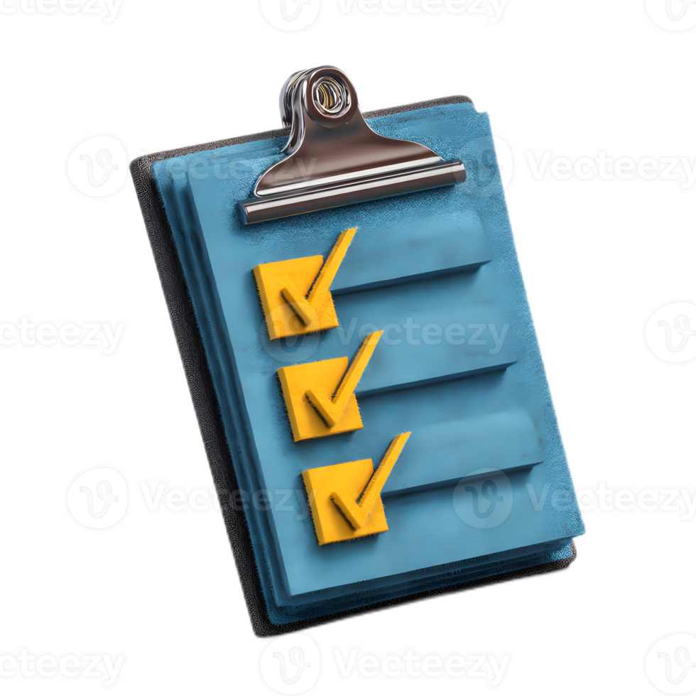 Closeup view of a clipboard with a checklist and three yellow checkmarks representing completed tasks or items on a to do list png