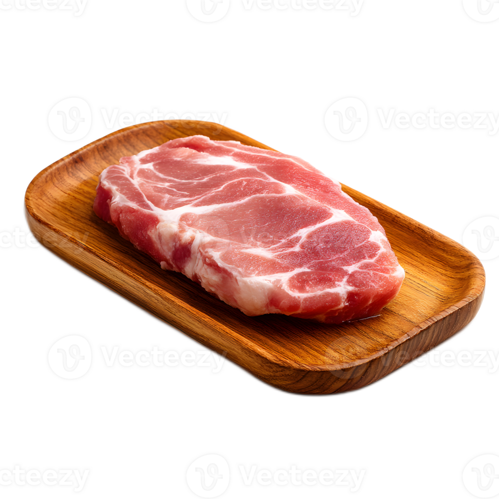 Freshly cut raw pork steak displayed on a natural wooden serving plate showcasing the nature of the meat png
