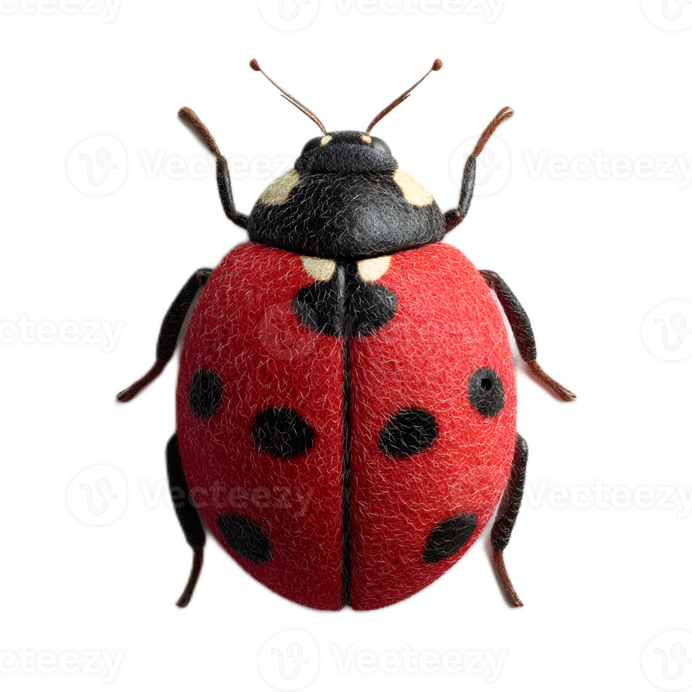 Detailed close up view of a life like three dimensional red ladybug with a black spotted shell and intricate anatomical features png