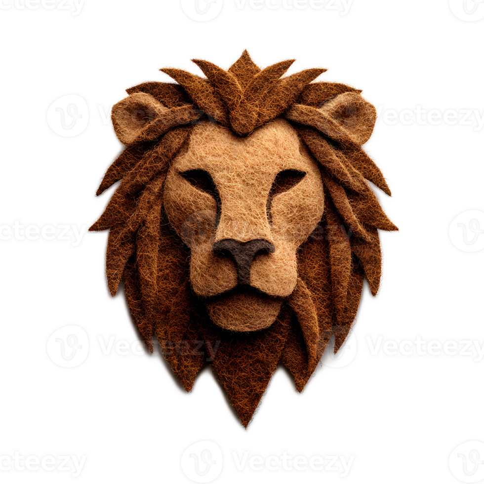 Detailed felt sculpture of a majestic lion s head featuring a textured mane and expressive facial features png