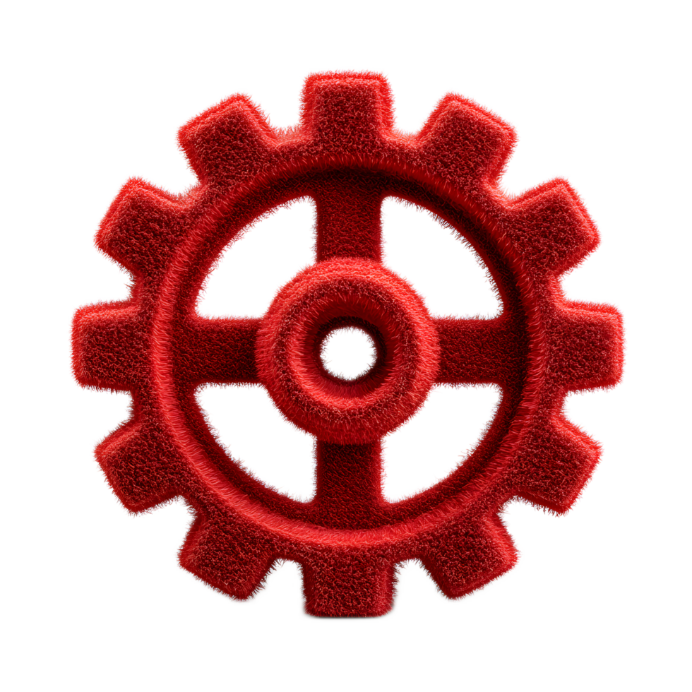 A red felt gear icon symbolizing the settings controls and processing mechanisms involved in industrial technological or digital systems png