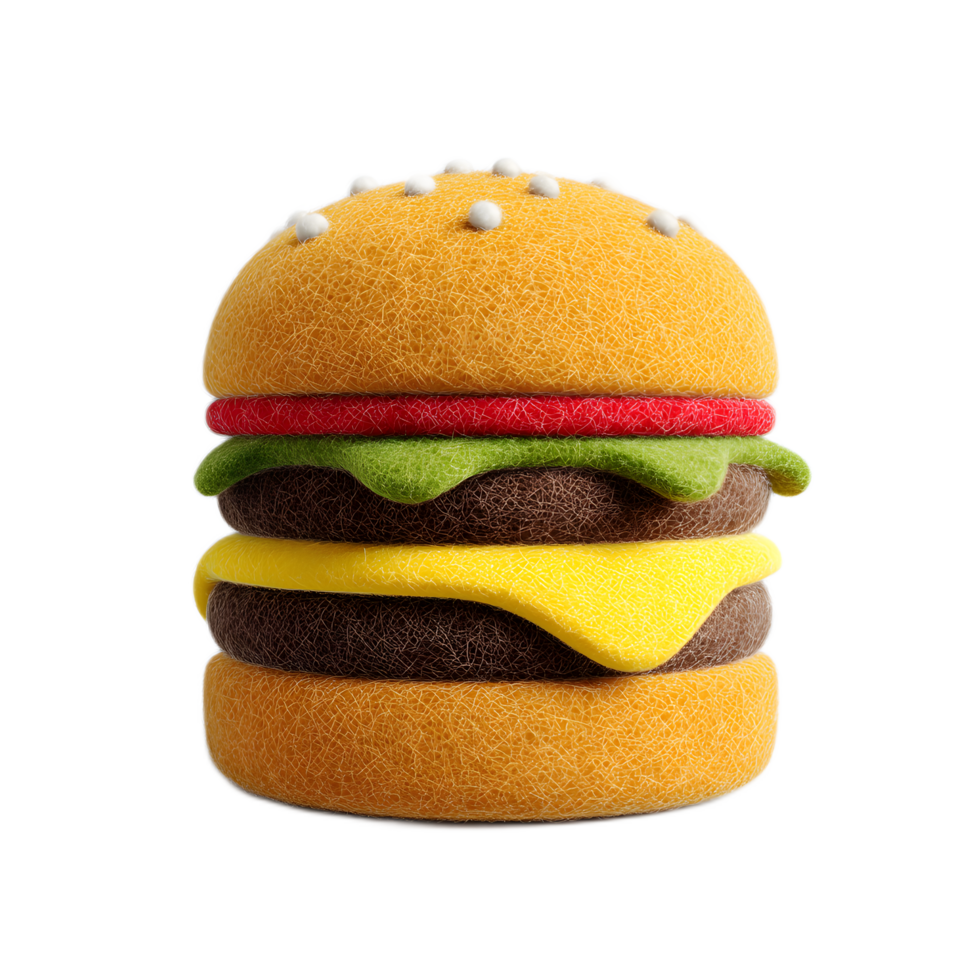 A minimalist abstract 3D rendered icon of a classic hamburger made from colorful felt material png