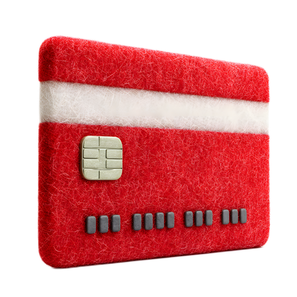 3D rendering of a red and white striped credit card icon featuring an embossed chip designed with a felt like fabric texture for a soft tactile appearance png
