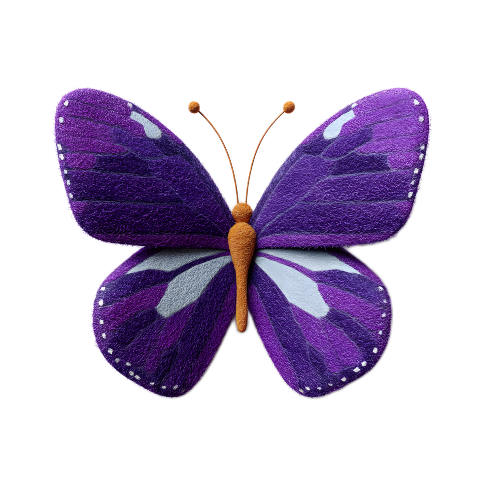 Delicate and beautifully crafted felt butterfly in a vibrant purple hue featuring intricate details and a soft textured surface png