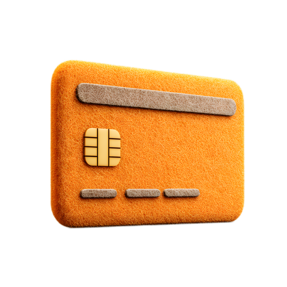 A 3D rendering of a stylized credit card icon created using a warm orange colored felt material conveying a tactile and textured aesthetic png