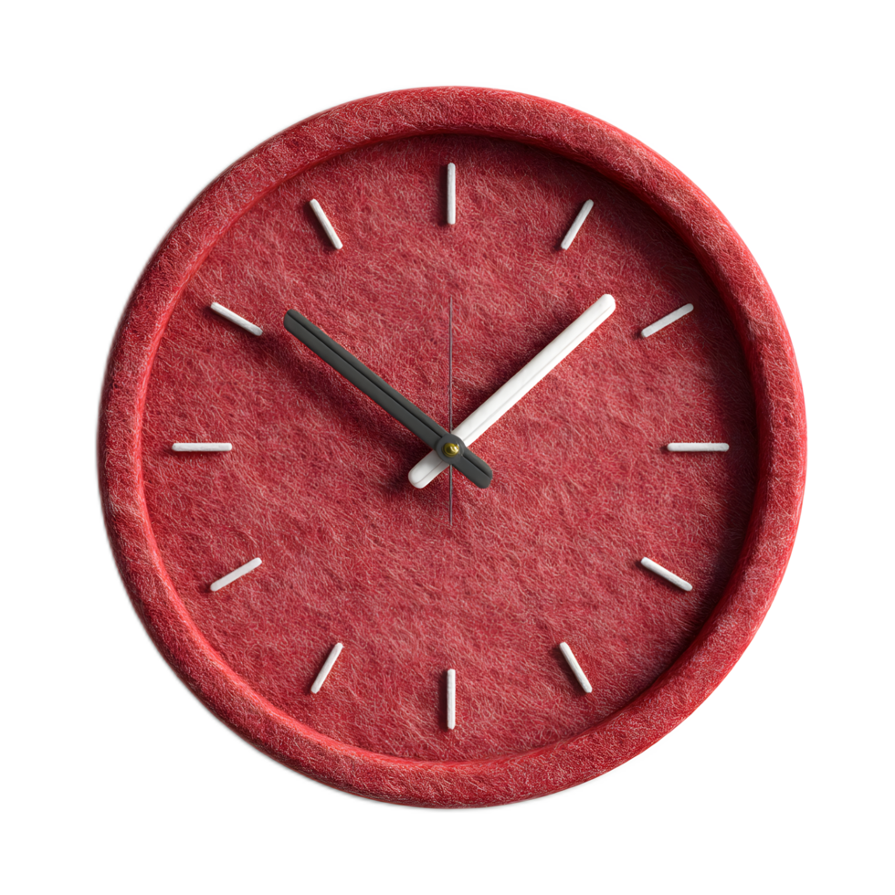 A simple and modern analog clock with a textured red felt body designed for minimalist home or office decor png