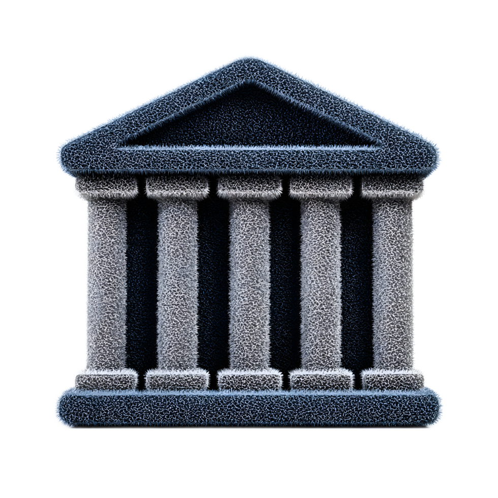 Three dimensional rendering of a classical bank or government building facade constructed from a textured felt like material png