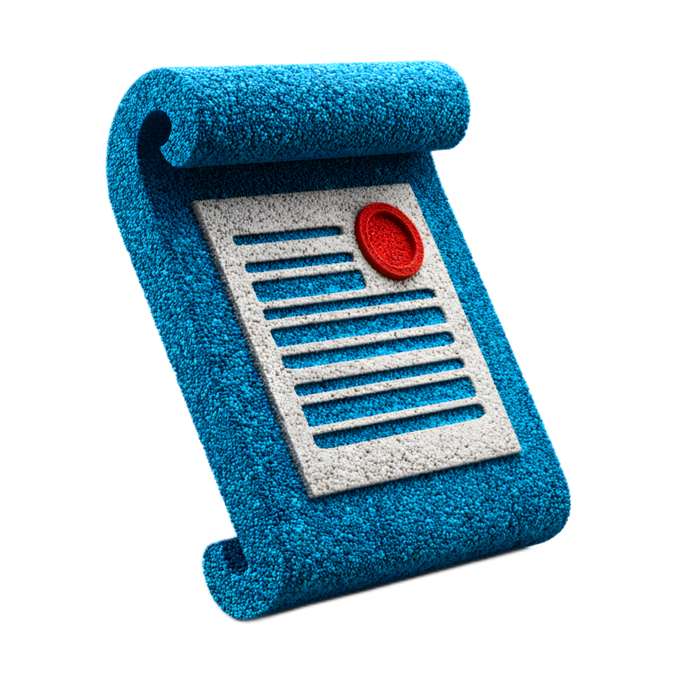 Abstract digital document icon formed from textured blue felt representing organization information management and modern business applications png
