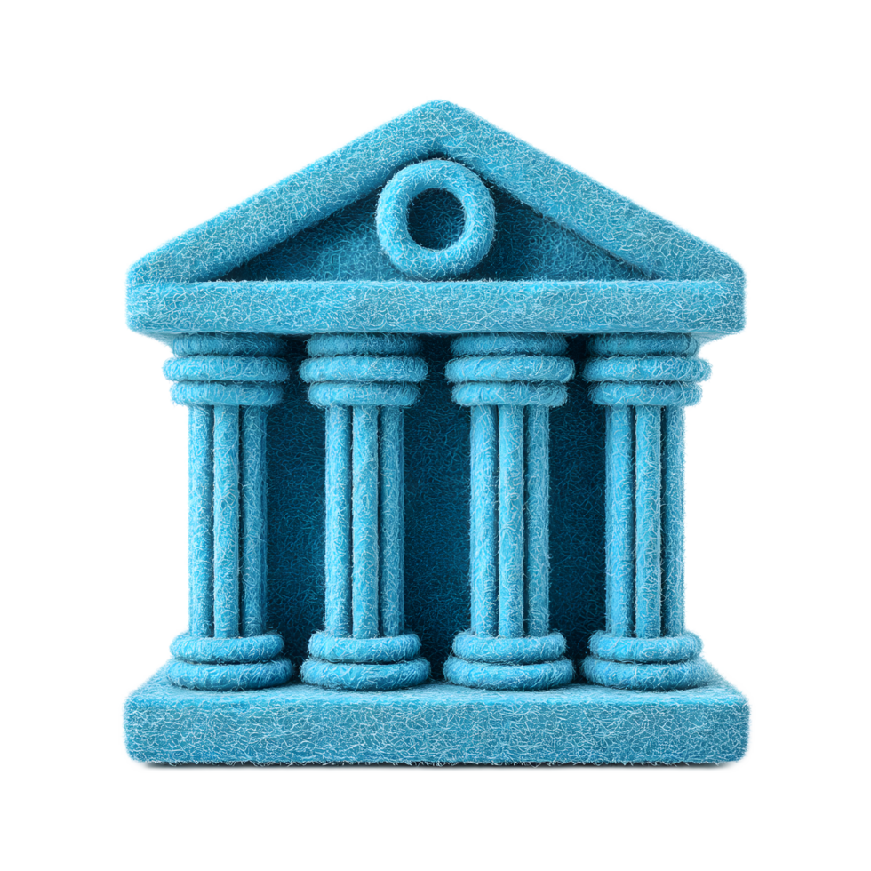 3D rendering of a minimalist textured icon representing a classical bank building with columns and a pediment in a vibrant blue color png