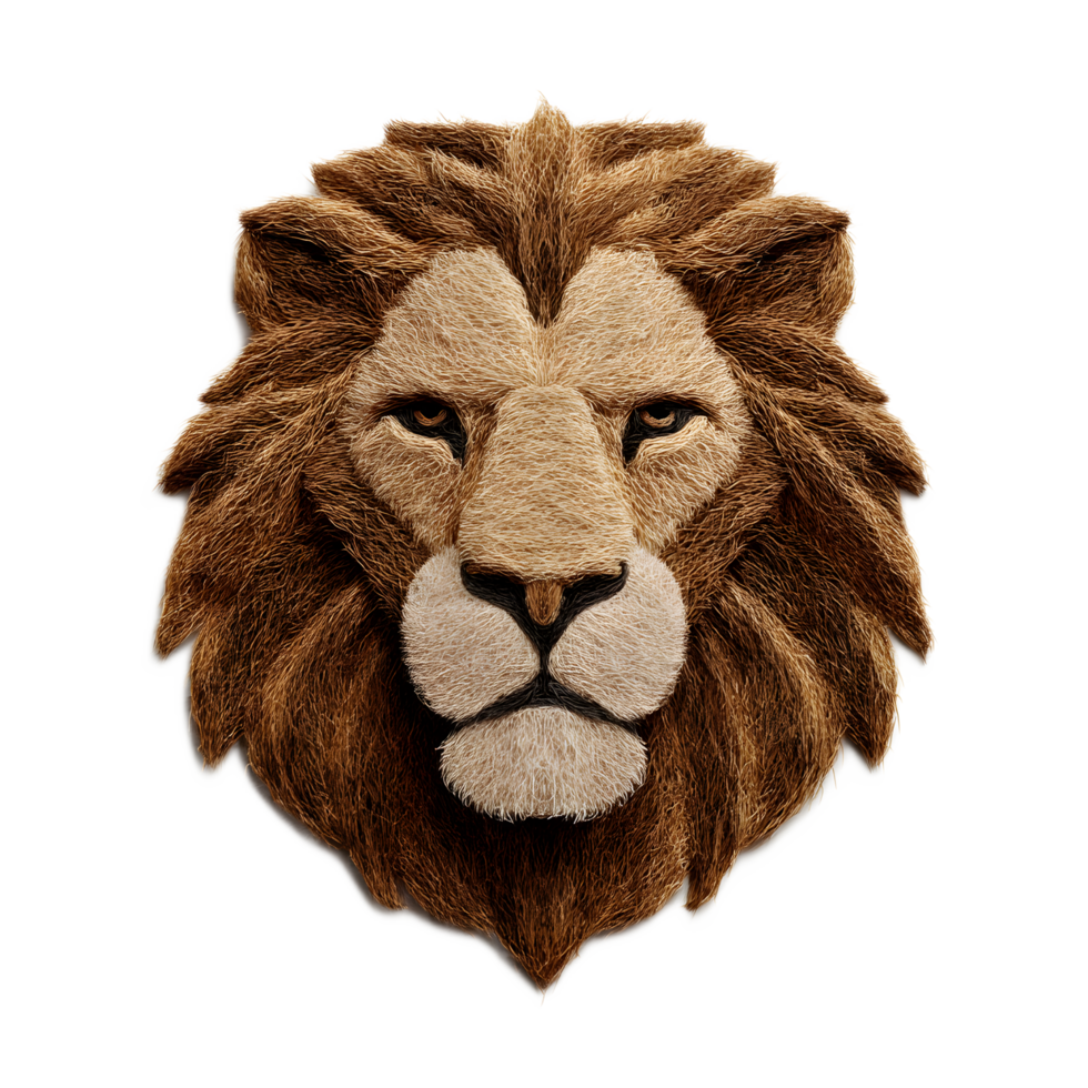 A felt sculpture of a majestic lion s head featuring a prominent mane expressive eyes and a strong powerful expression png