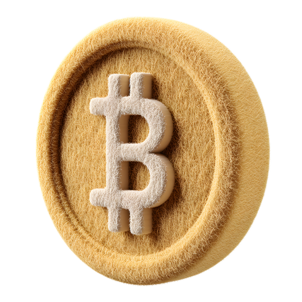 A detailed close up view of a Bitcoin cryptocurrency icon made of beige felt material showcasing the distinctive Bitcoin symbol on a soft textured surface png