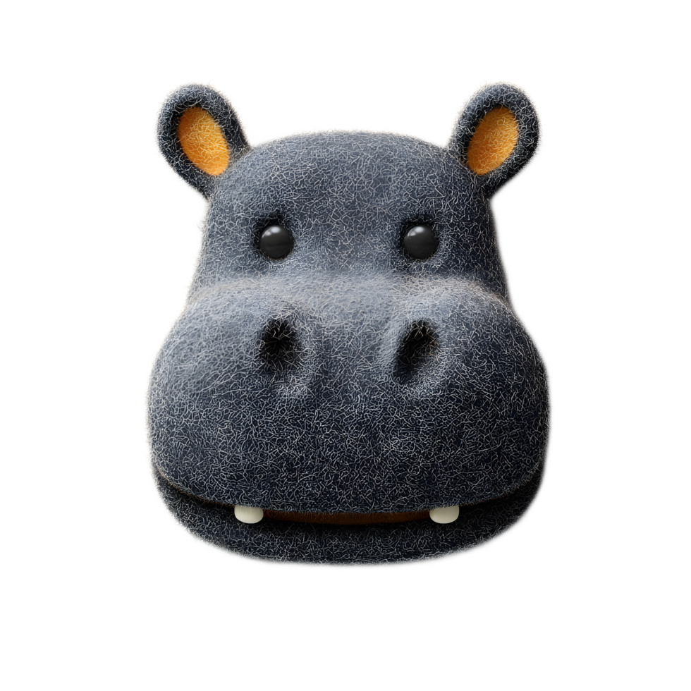 Detailed close up view of a soft plush hippo icon made of gray felt material with a friendly round facial expression png