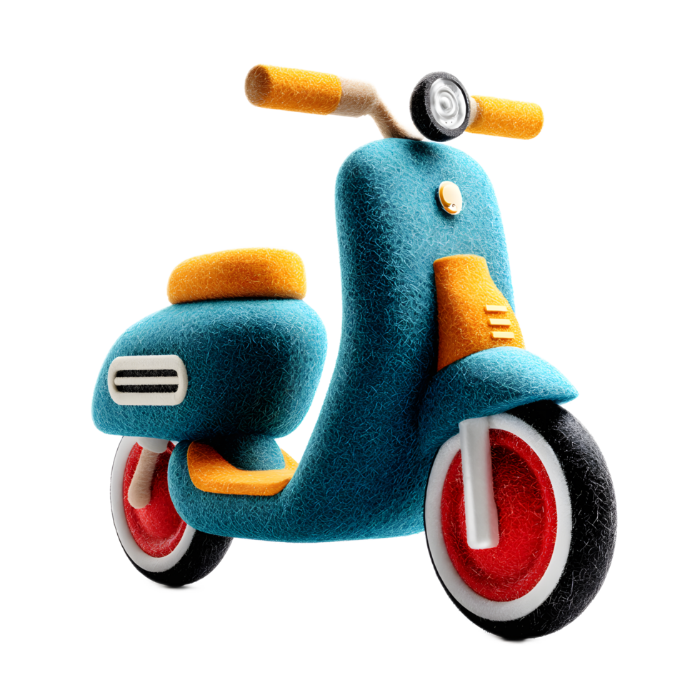 A whimsical digitally rendered electric scooter with a textured felt like appearance showcasing a retro inspired design and vibrant colors png
