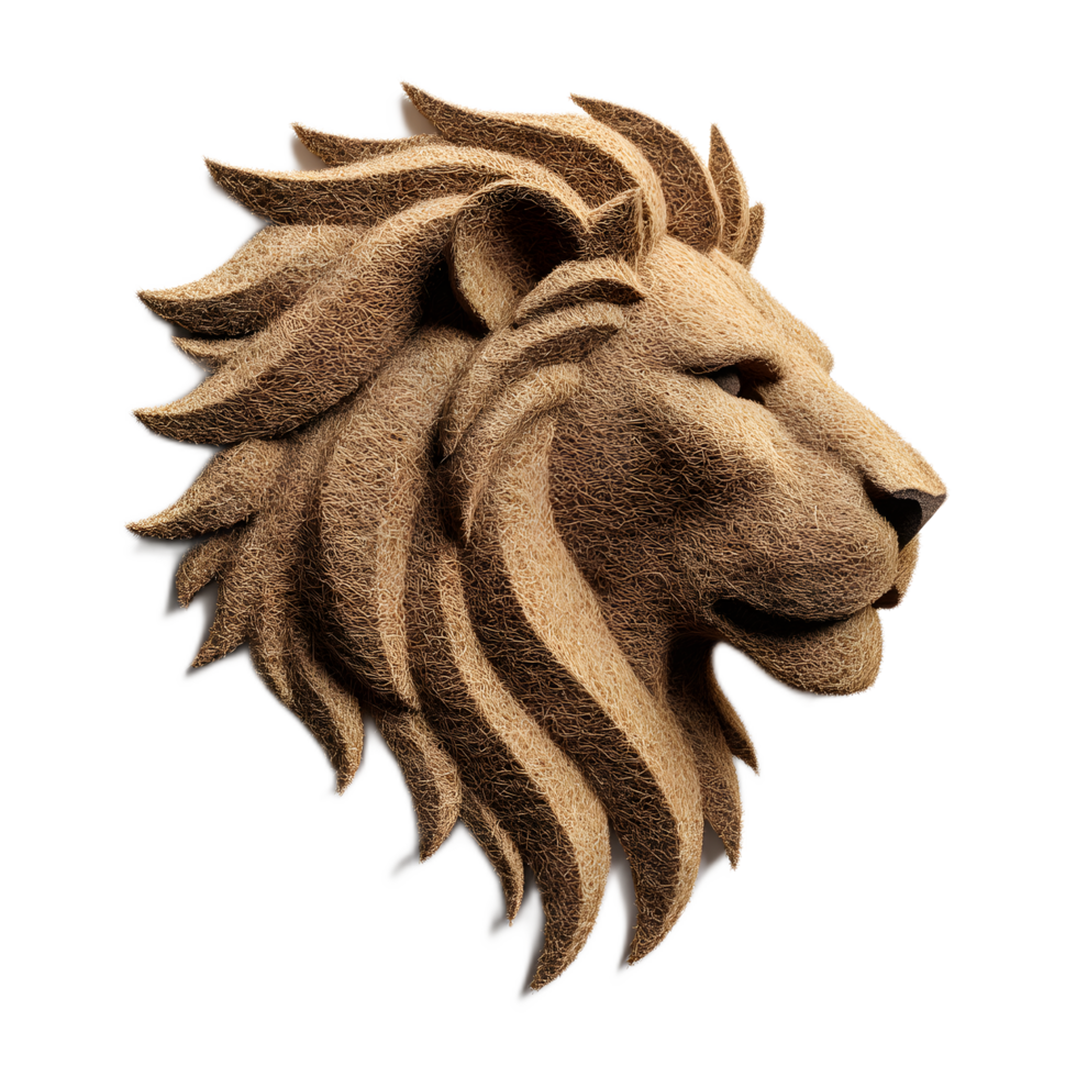 A detailed three dimensional sculpture of a lion s head crafted from textured felt material with intricate design elements png