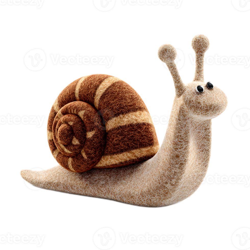 A delightful and whimsical plush snail figure crafted from soft textured felt material with a coiled shell and expressive eyes and antenna png