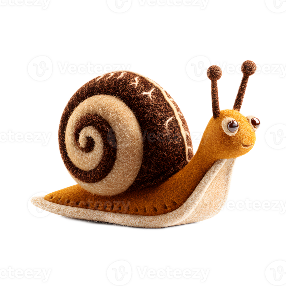 A delightful handcrafted felt snail plush toy with a soft fuzzy texture and whimsical design perfect for adding a touch of nature inspired wonder to any space png