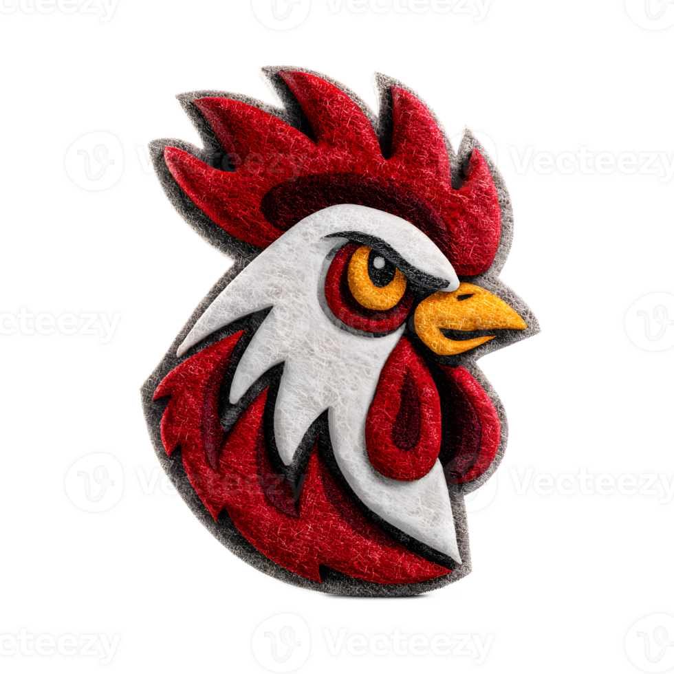 A three dimensional digital rendering of a vibrant red felt rooster icon with a bold aggressive expression symbolizing power and tenacity png