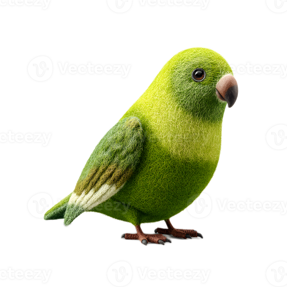 A vibrant green parakeet bird with soft fluffy plumage and a curious friendly expression perched on a surface png