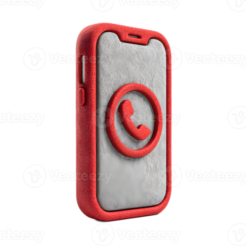A digital 3D rendering of a stylized phone communication icon made of red felt highlighting the modern and minimalist design png