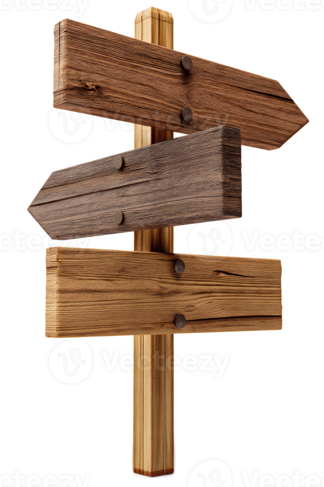 A rustic wooden signpost with several arrow shaped wooden planks pointing in different directions indicating choices and paths for and travel png