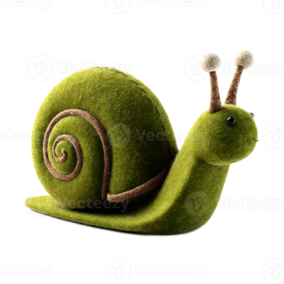 A soft plush felt snail figurine with a spiral shell in a vibrant green color designed as a whimsical and charming icon or png
