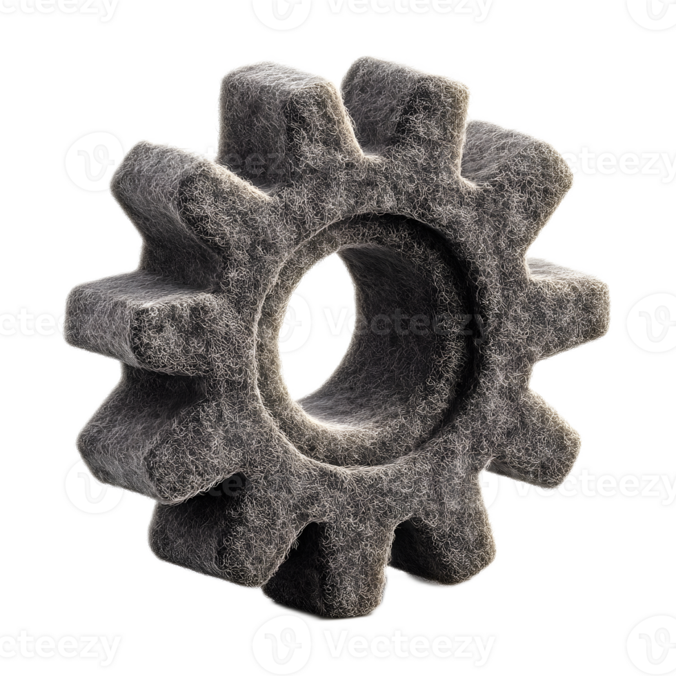 Three dimensional digital rendering of a gray felt gear or cog icon symbolizing industrial settings adjustments and the mechanical process of a technological system png