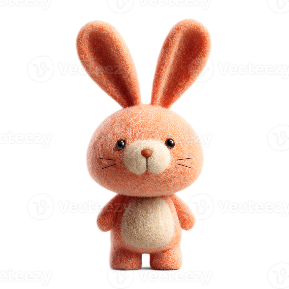 A charming plush rabbit made of soft fuzzy felt material rendered in a 3D digital png
