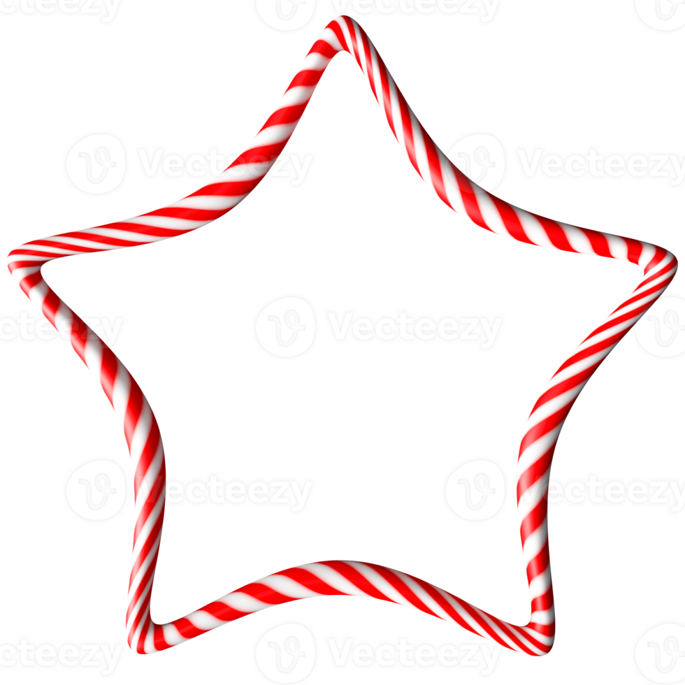 Brightly colored candy cane serves as a star-shaped frame on transparent background, perfect for holiday decorations and Christmas crafts, adding a festive touch to any presentation png