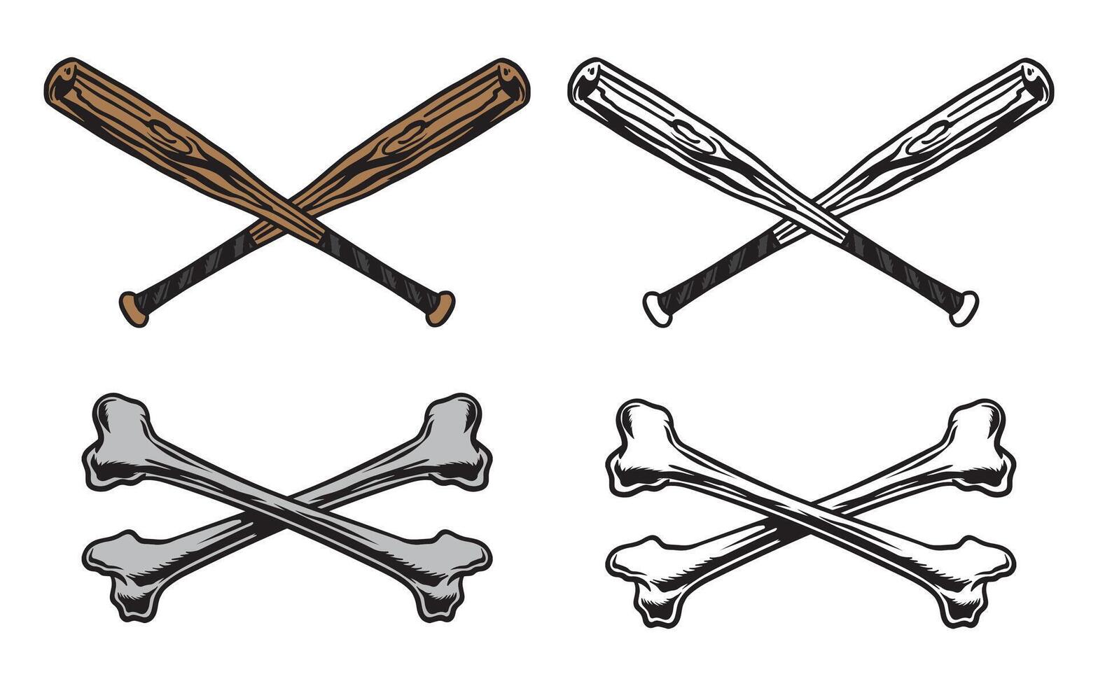 Baseball bat and crossbones design set vector