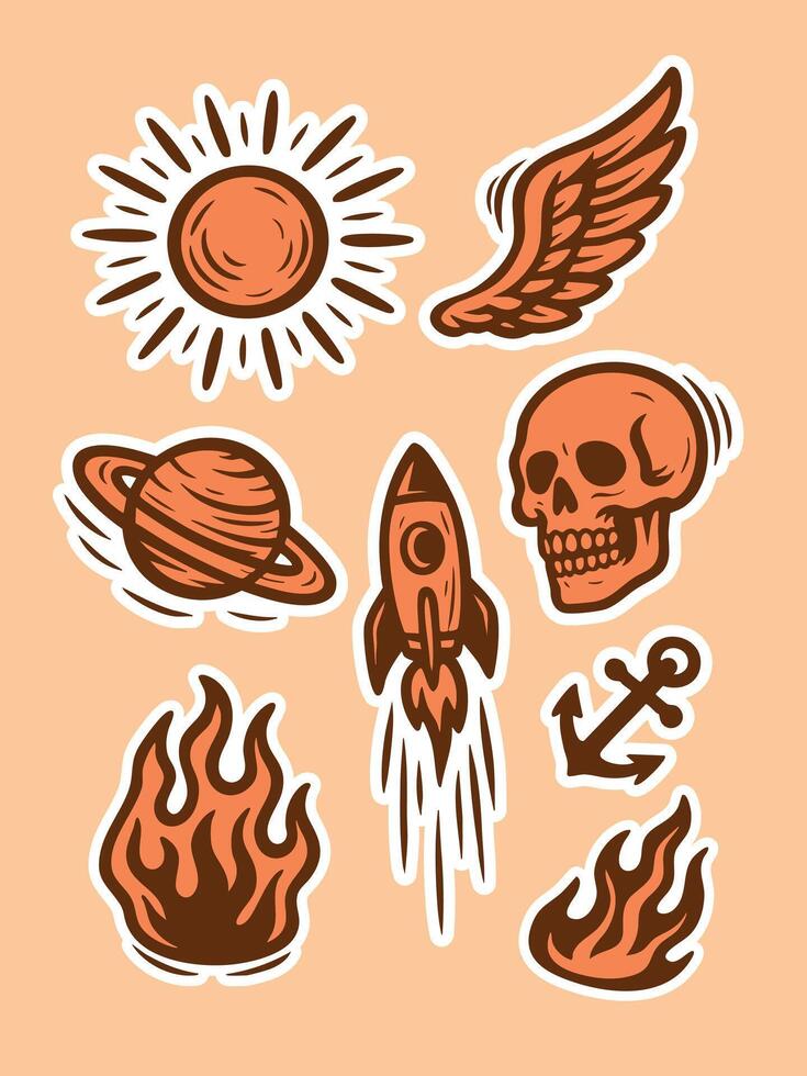 Colorful cartoon line art stickers set sun wing planet rocket skull fire vector