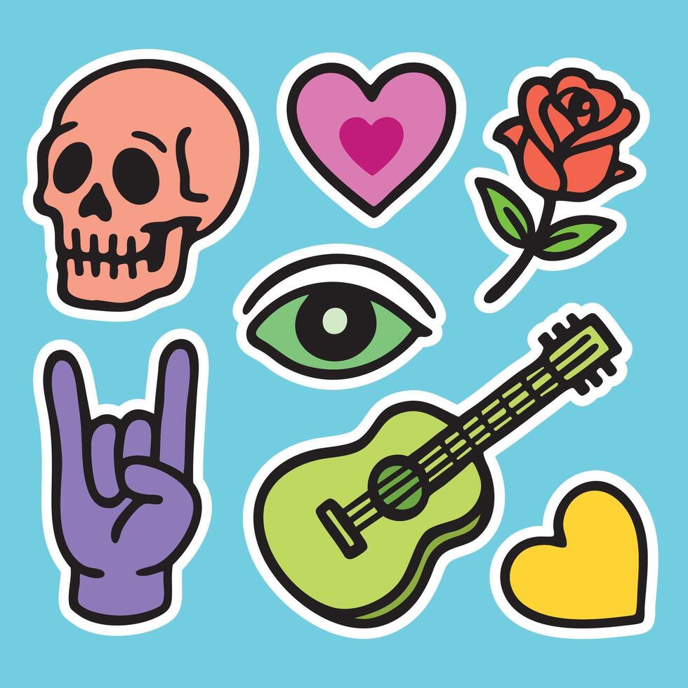 Colorful cartoon line art icons,stickers set. skull, heart, rose, hand signs, eye, guitar vector