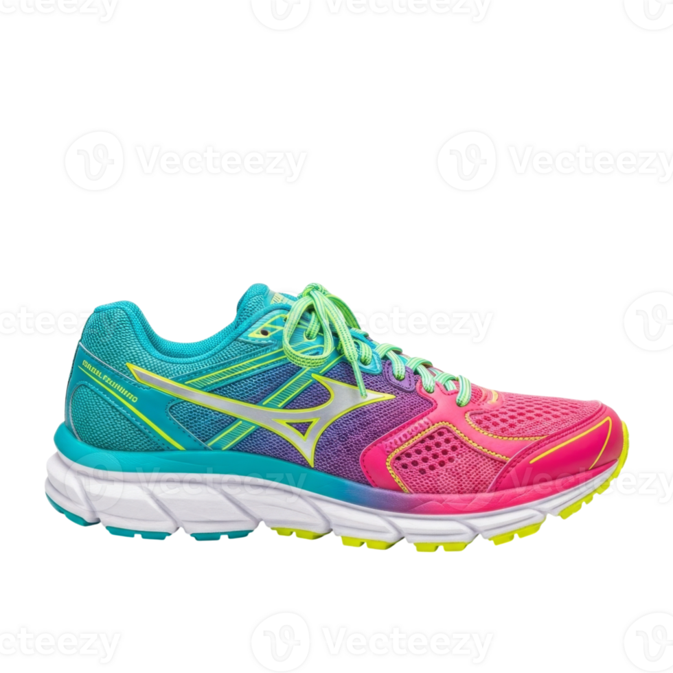 Colorful athletic running shoe with vibrant mesh design and comfortable sole png