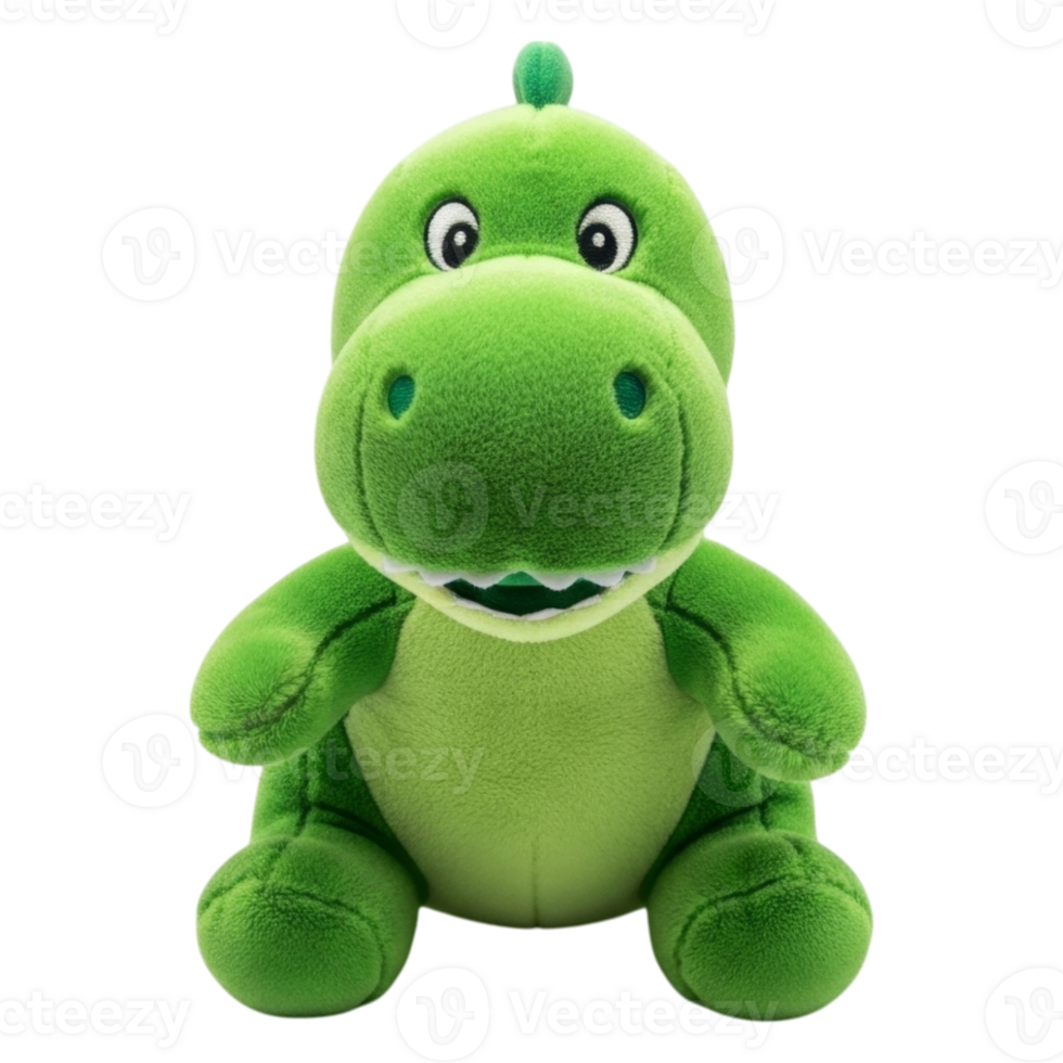 Cute green dinosaur plush toy with big eyes and smile png