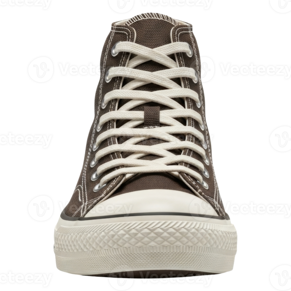 Brown high-top sneaker with white laces and textured sole front view png