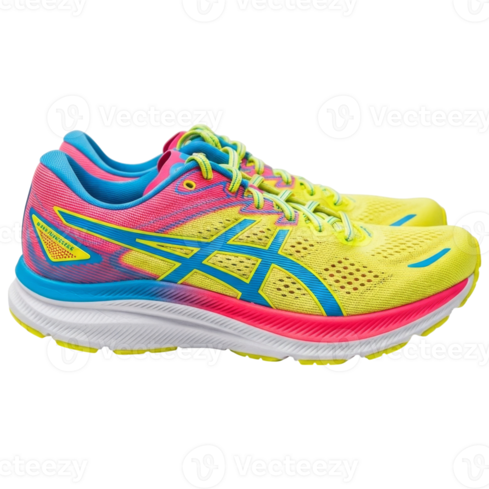 Bright yellow and pink athletic running shoes with blue accents png